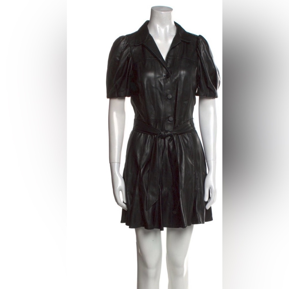 Alice + Olivia Black Faux Leather Mini Dress with Puff Sleeves